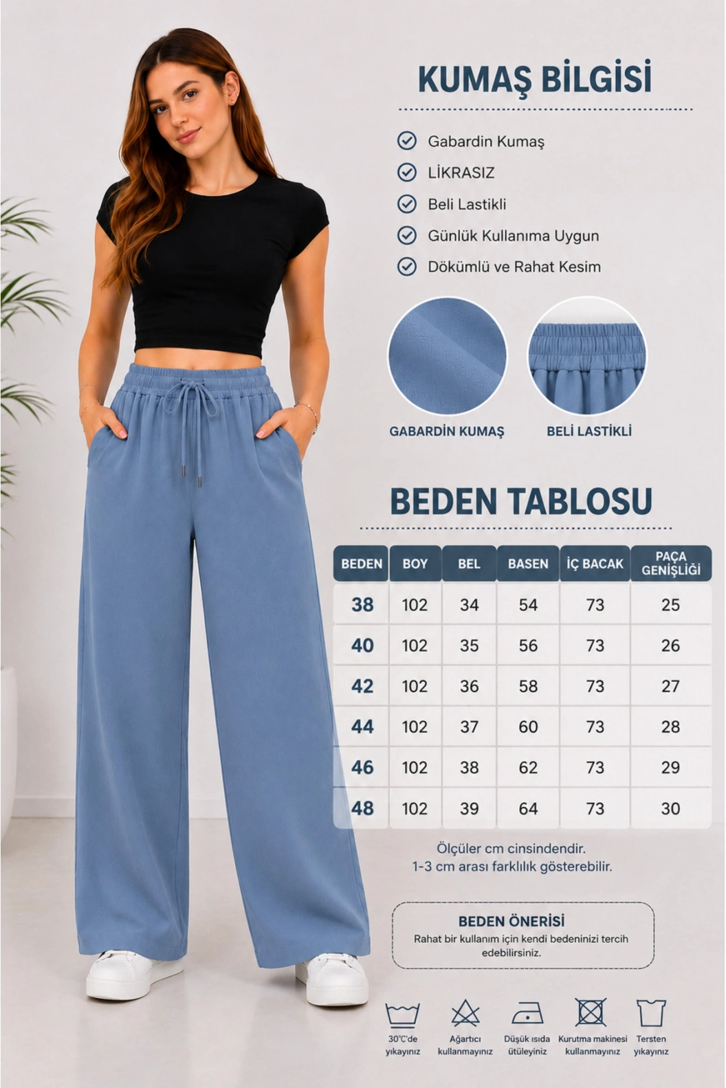 TELVİN Gabardin Bol Paça - Yüksek Bel Rahat Kalıp Pantolon MAVİ