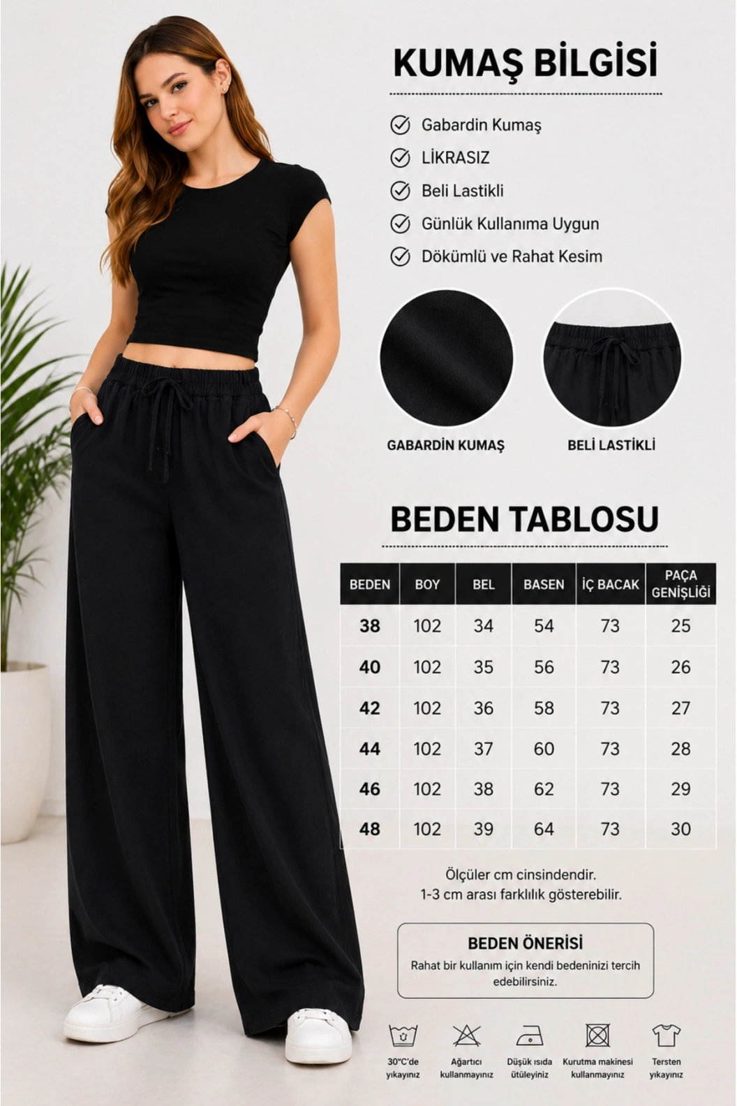 TELVİN Gabardin Bol Paça - Yüksek Bel Rahat Kalıp Pantolon SİYAH