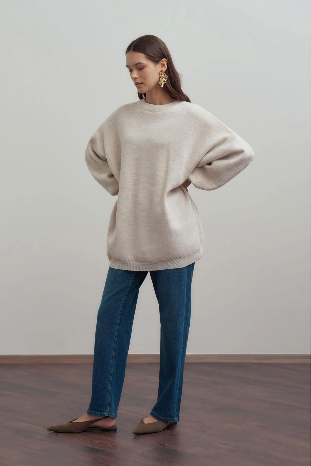 Yarasa Kol Bisiklet Yaka Oversize Rahat Kalıp Triko Tunik BEJ