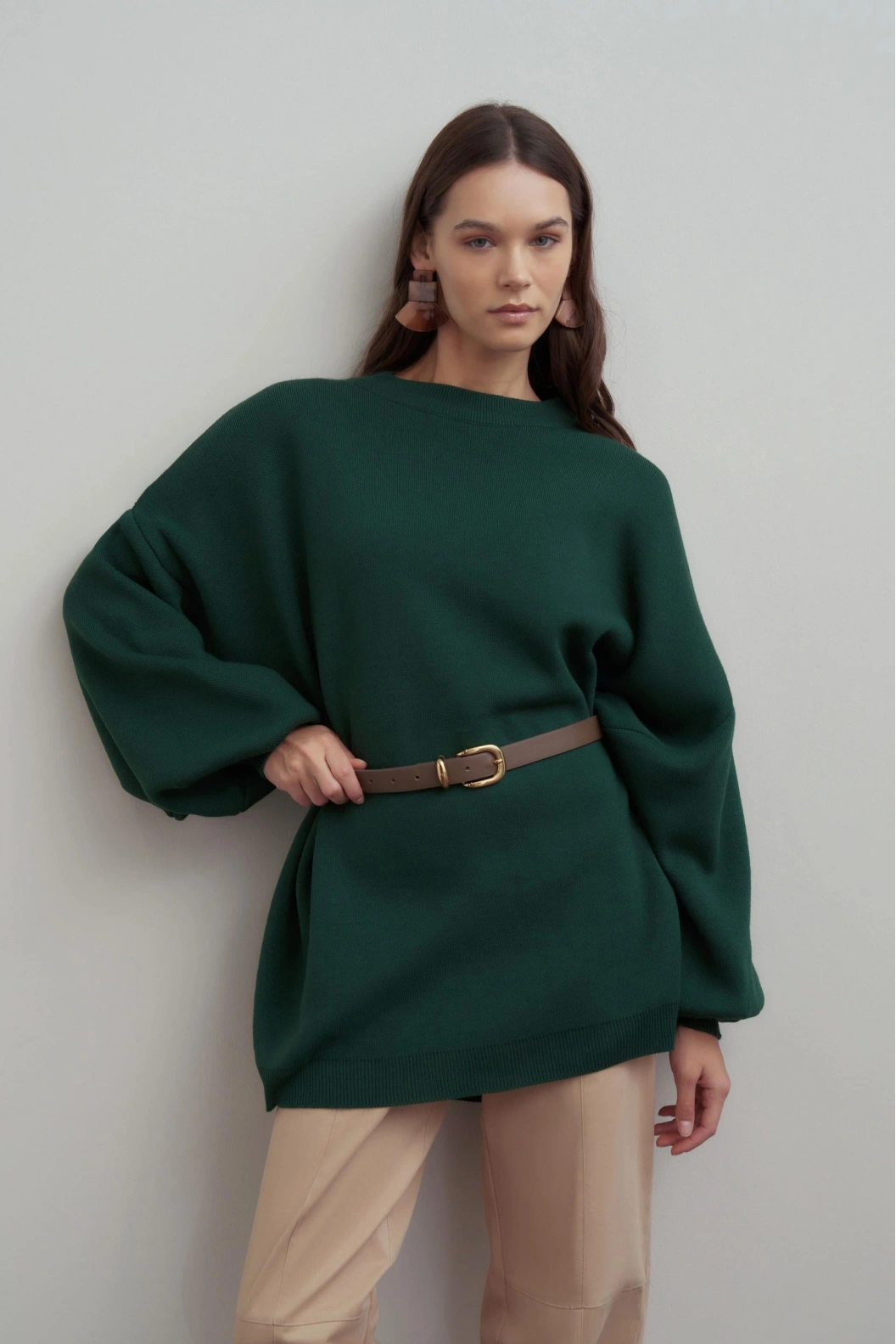 Yarasa Kol Bisiklet Yaka Oversize Rahat Kalıp Triko Tunik YEŞİL
