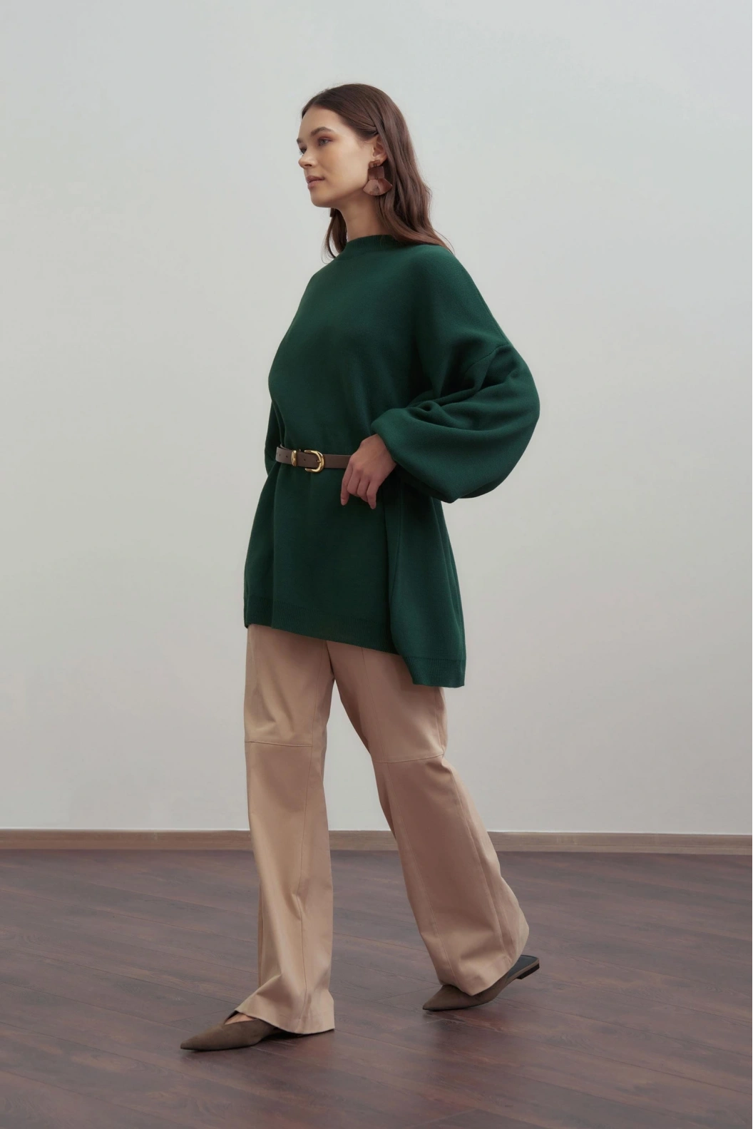 Yarasa Kol Bisiklet Yaka Oversize Rahat Kalıp Triko Tunik YEŞİL