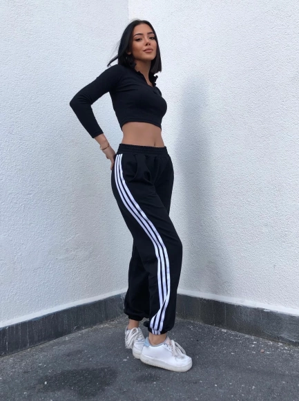 Şeritli Jogger Eşofman-Siyah