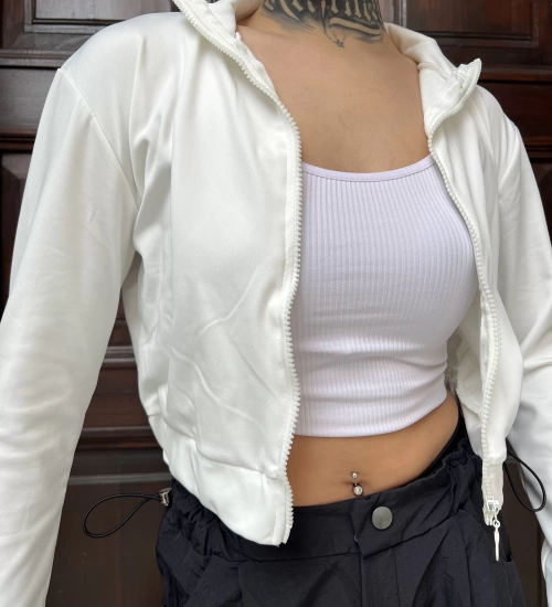 Bel Lastik Crop Hırka - Beyaz