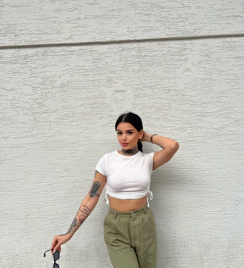 Yanı Büzgülü Crop - Beyaz
