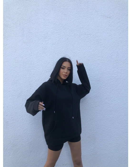 Basic Kapüşonlu Sweatshirt-Siyah