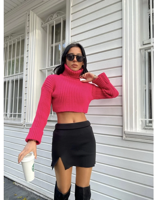 Katlamalı Triko Crop - Pembe