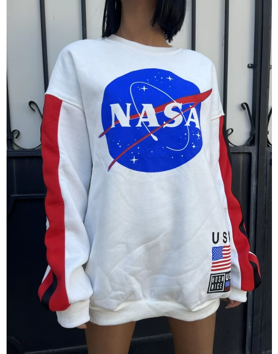 NASA Baskı Sweatshirt-Beyaz