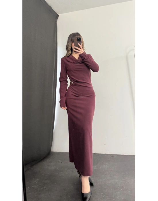 Aven Degaje Yaka Tokalı Elbise - Bordo