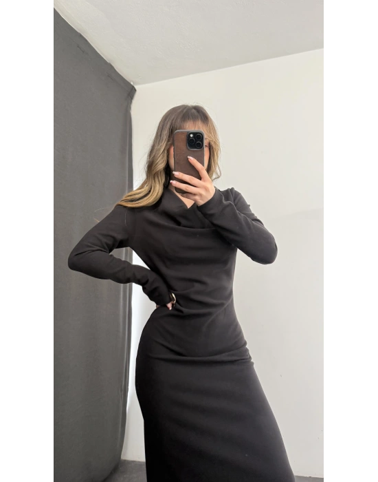 Aven Degaje Yaka Tokalı Elbise - Siyah