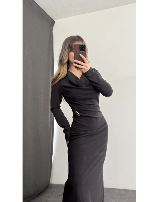 Aven Degaje Yaka Tokalı Elbise - Siyah