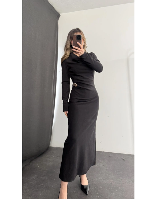 Aven Degaje Yaka Tokalı Elbise - Siyah