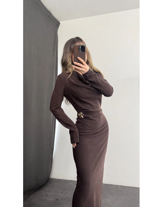 Aven Degaje Yaka Tokalı Elbise - Kahve