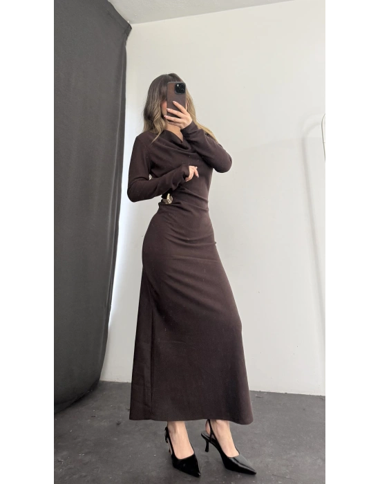 Aven Degaje Yaka Tokalı Elbise - Kahve