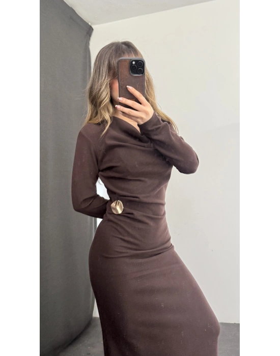 Aven Degaje Yaka Tokalı Elbise - Kahve