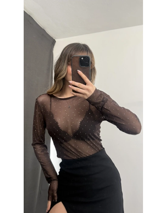 Lyla Taşlı Tül Bluz - Kahve