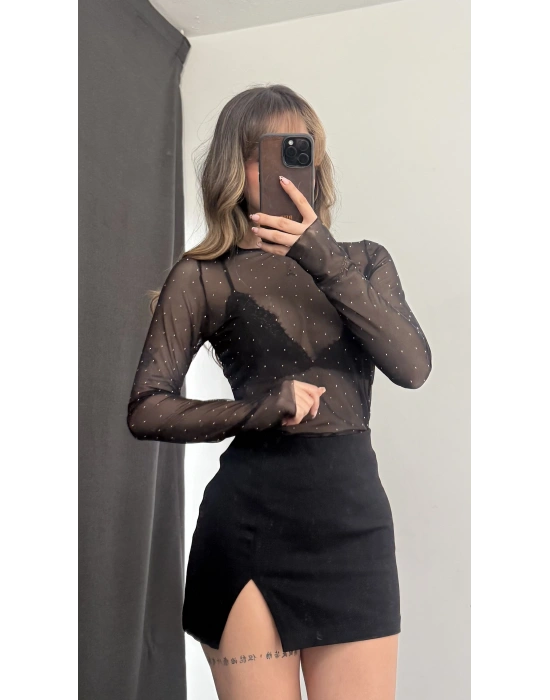 Lyla Taşlı Tül Bluz - Siyah