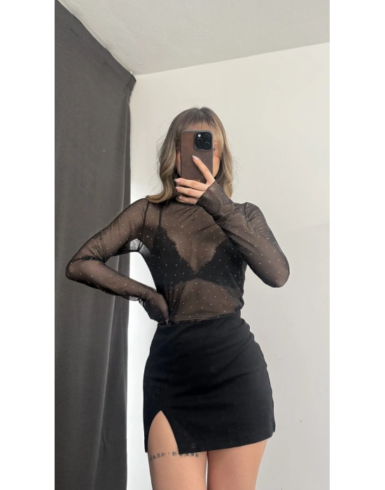 Lyla Taşlı Tül Bluz - Siyah