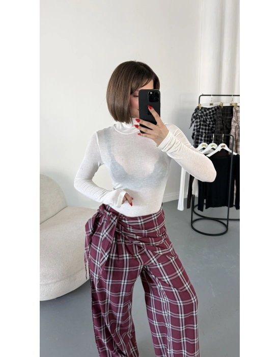 Valerie Bağlamalı Ekose Pantolon - Bordo