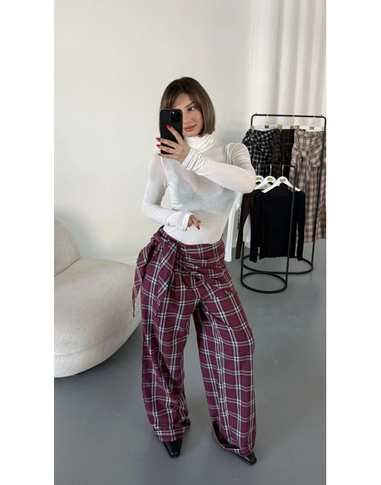 Valerie Bağlamalı Ekose Pantolon - Bordo