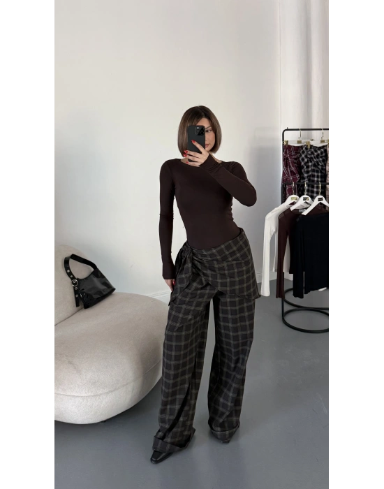 Valerie Bağlamalı Ekose Pantolon - Haki