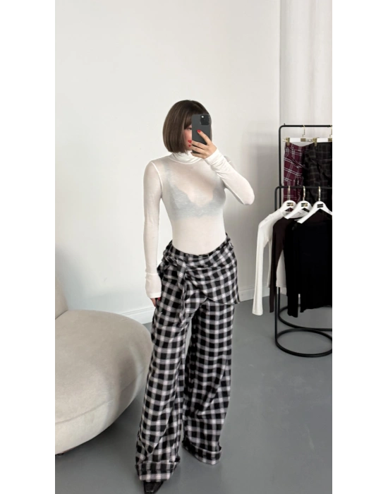 Valerie Bağlamalı Ekose Pantolon - Siyah