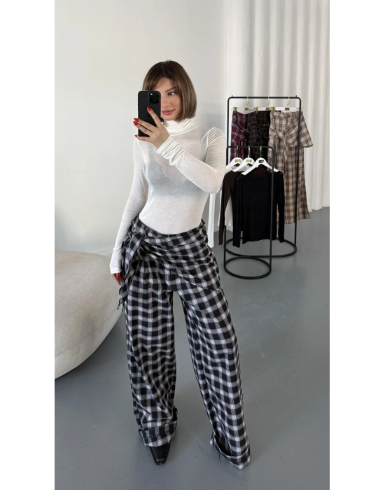 Valerie Bağlamalı Ekose Pantolon - Siyah