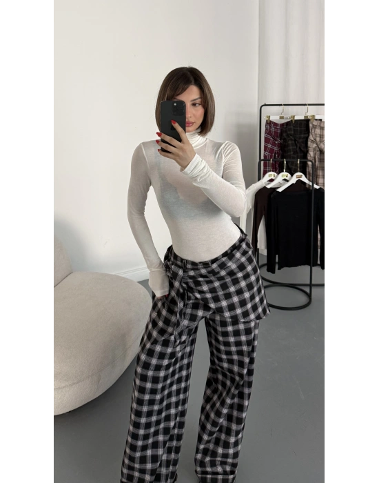 Valerie Bağlamalı Ekose Pantolon - Siyah