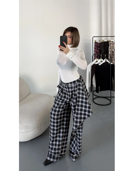 Valerie Bağlamalı Ekose Pantolon - Siyah