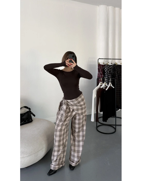 Valerie Bağlamalı Ekose Pantolon - Bej