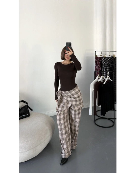 Valerie Bağlamalı Ekose Pantolon - Bej