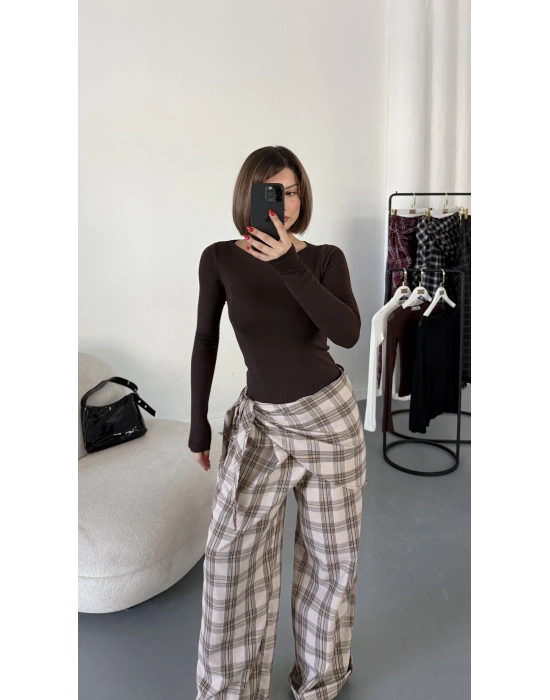 Valerie Bağlamalı Ekose Pantolon - Bej