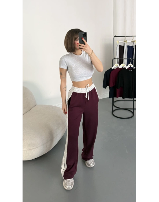 Finn Şeritli Salaş Eşofman - Bordo