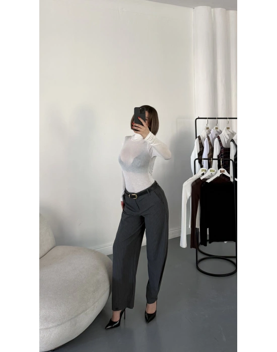 Shu Paça Detay Çizgili Pantolon - Gri