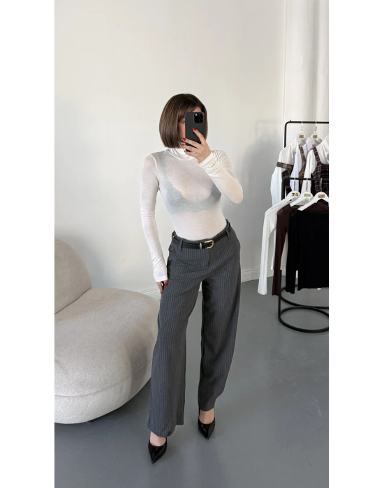 Shu Paça Detay Çizgili Pantolon - Gri