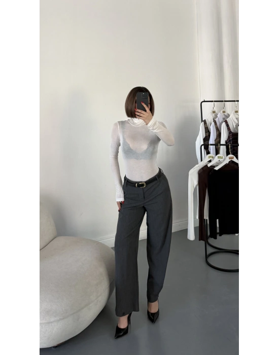 Shu Paça Detay Çizgili Pantolon - Gri