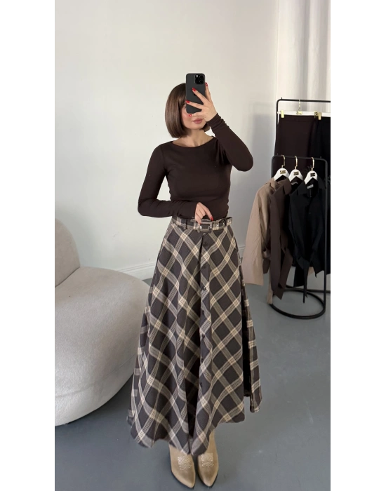 Düğmeli Ekose Etek - Kahve