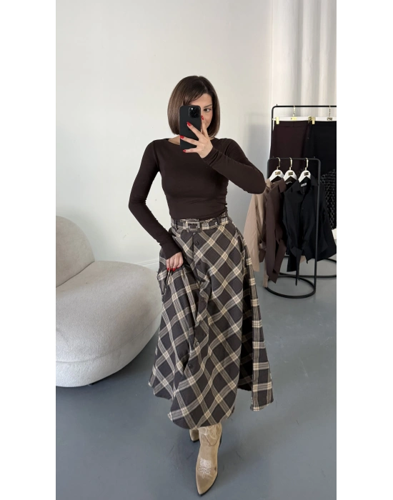 Düğmeli Ekose Etek - Kahve