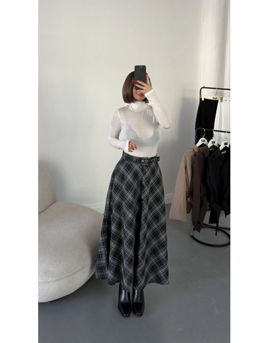 Düğmeli Ekose Etek - Siyah