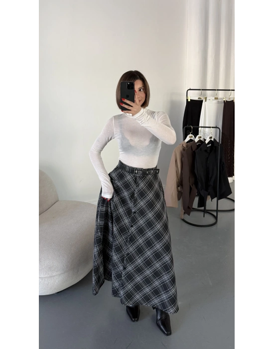 Düğmeli Ekose Etek - Siyah