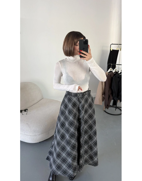 Düğmeli Ekose Etek - Siyah