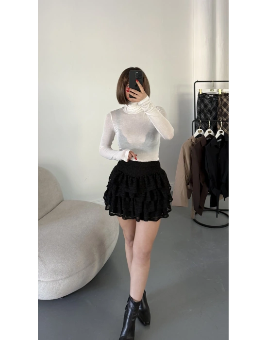 June Katlı Dantel Etek - Siyah