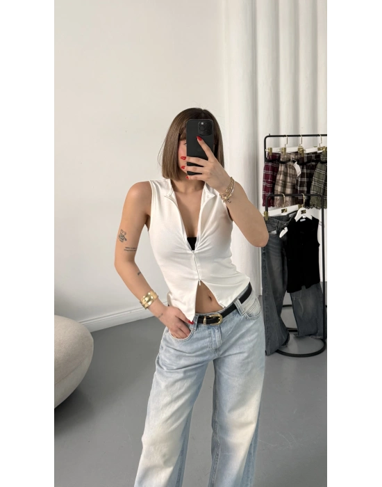 Lea Kolsuz Fermuarlı Bluz - Beyaz