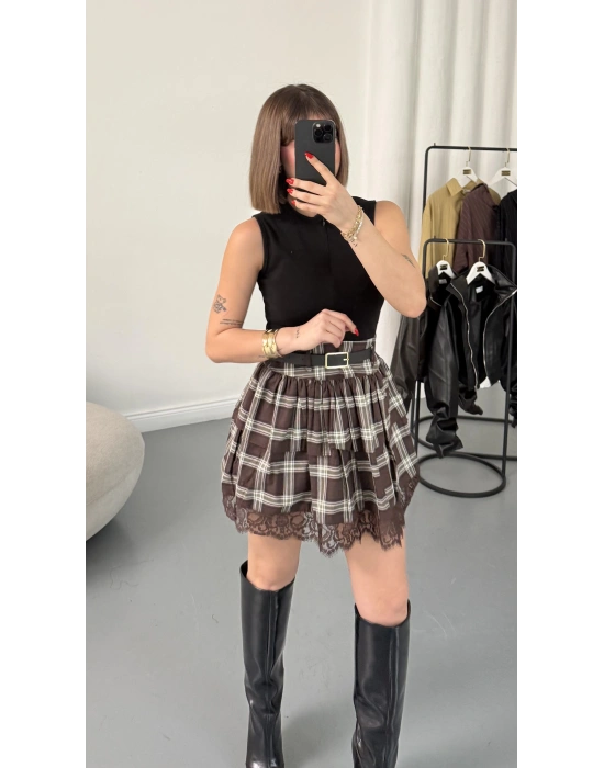 Katlı Ekose Etek - Kahve