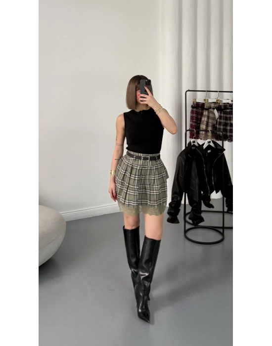 Katlı Ekose Etek - Haki