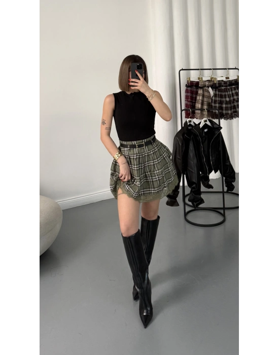 Katlı Ekose Etek - Haki