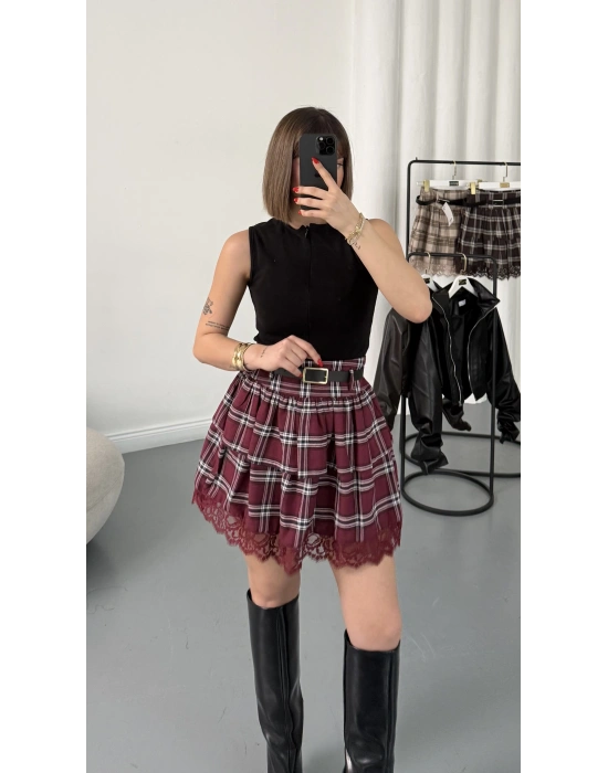Katlı Ekose Etek - Bordo