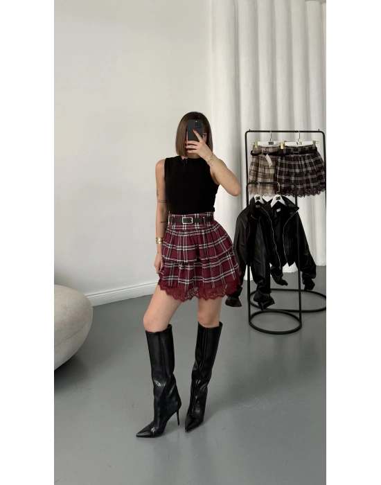 Katlı Ekose Etek - Bordo