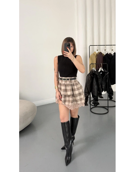 Katlı Ekose Etek - Bej