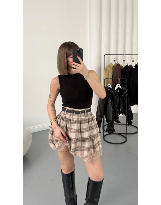 Katlı Ekose Etek - Bej