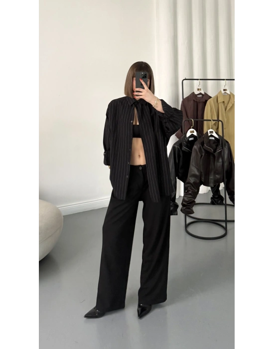 Allison Çizgili Salaş Gömlek - Siyah